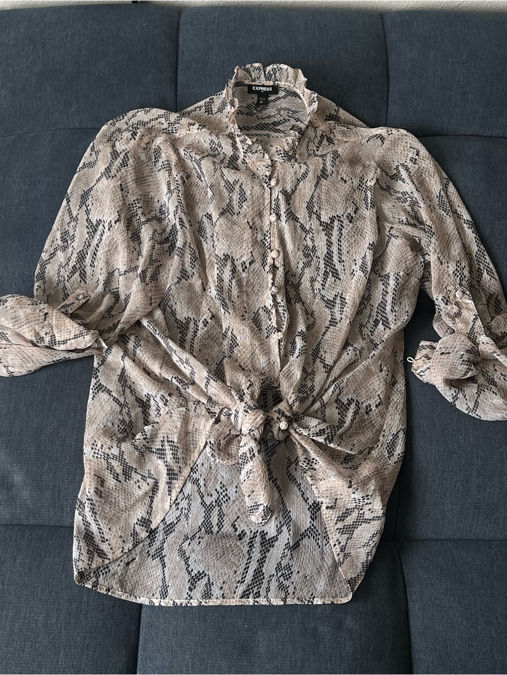 Express Women's Beige Snake-Print Button Front Sheer Blouse